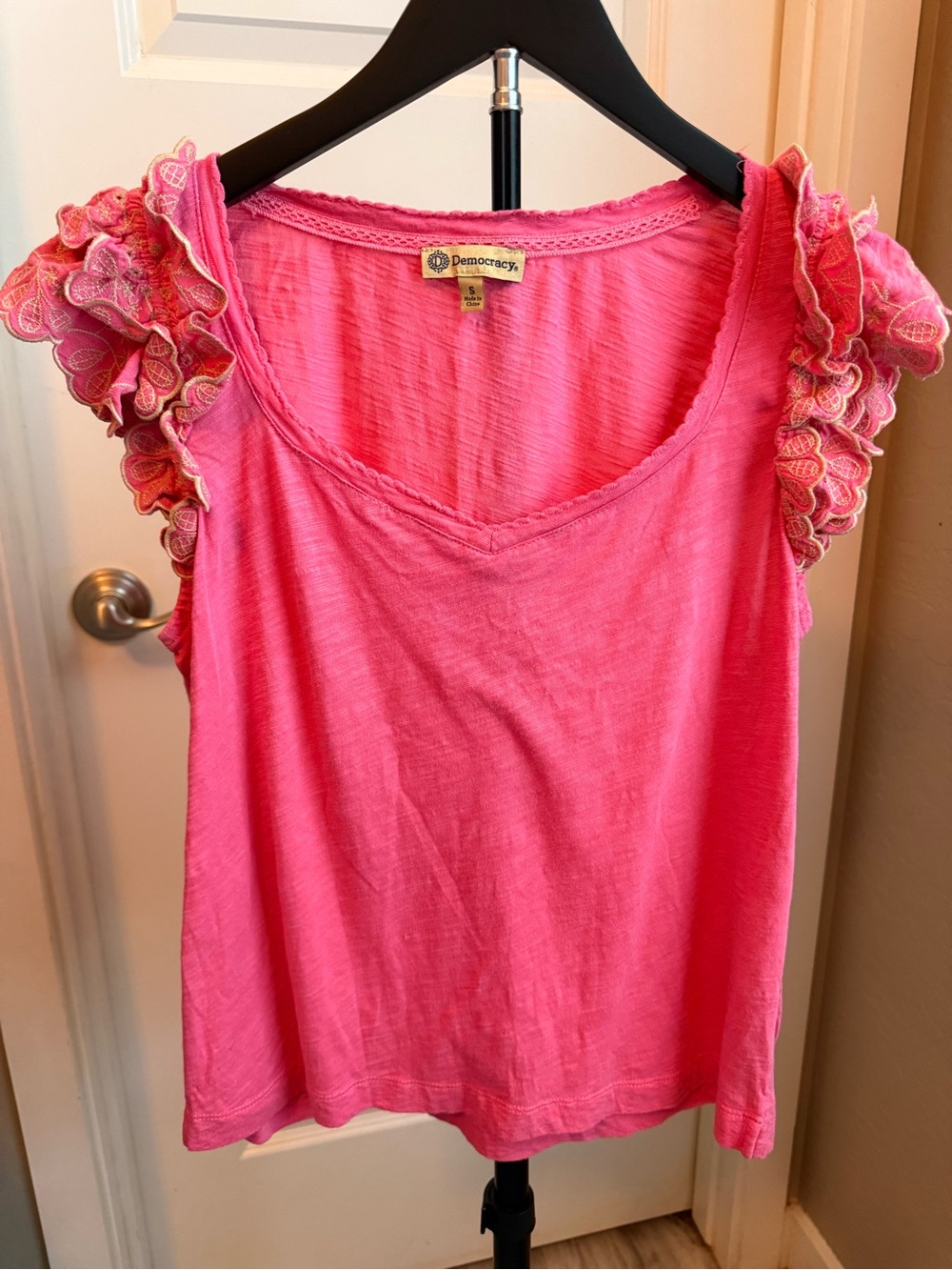Democracy Pink Ruffle Sleeve Scoop Neck Top